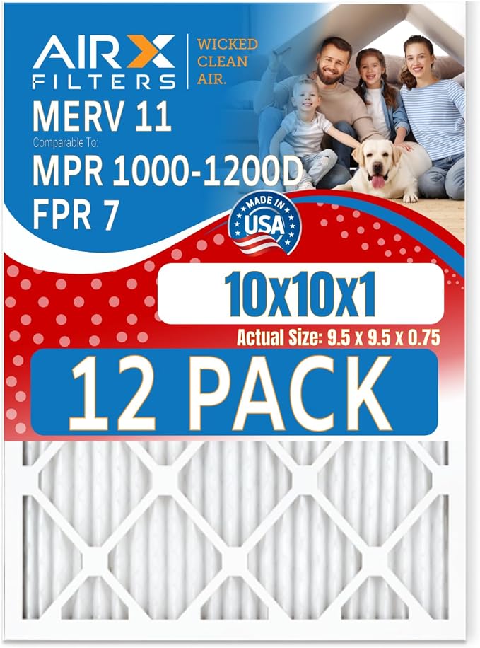 10x10x1 Air Filter MERV 11 Rating, 12 Pack of Furnace Filters Comparable to MPR by AIRXFILTERSWICKEDCLEANAIR