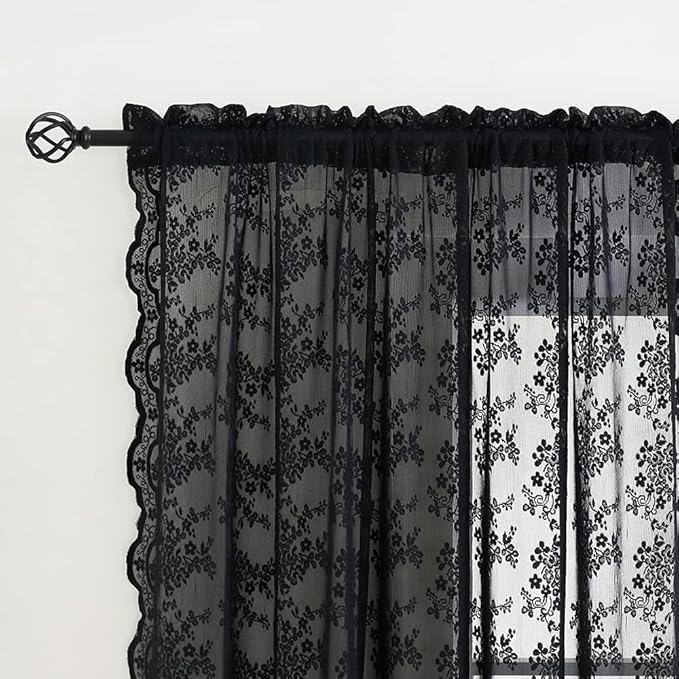 YJ YANJUN Vintage Lace Curtains 45 Inch Length-Victorian Dark Floral Pattern Black Sheer Curtain Panels for Kitchen Bedroom,Light Filtering, Gothic Witchy Halloween Short Drapes 2 Panels 52W x 45L