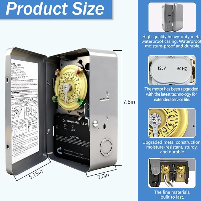 T101 Mechanical Timer Switch, T101 Pool Timer, 120V 2HP SPST 40A Time Switch - Image 3