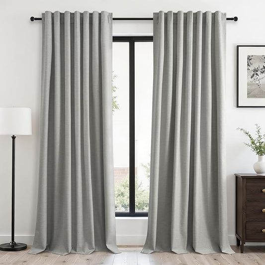 Grey Linen Blackout Curtains 95 Inch Long 2 Panels Back Tab Thermal Insulated Light Blocking Curtain for Living Room 100% Black Out Drape for Bedroom Neutral Rustic Farmhouse 52x95 Length Frost Grey
