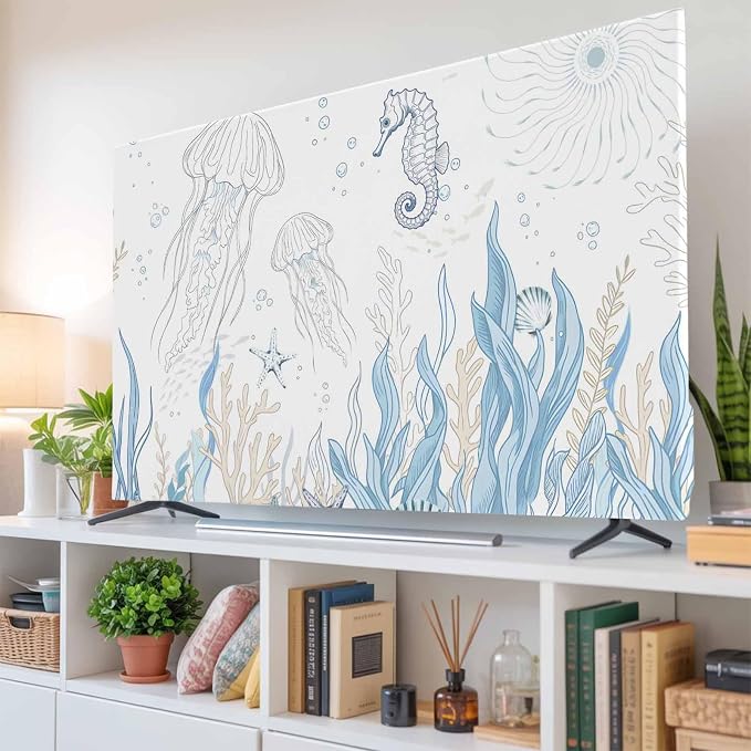 Watercolor Seahorse Jellyfish Indoor TV Cover, Elastic TV Screen Protector - Image 6