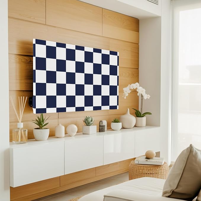 Navy Blue White Checker Indoor TV Cover, Elastic TV Screen Protector Buffalo - Image 3