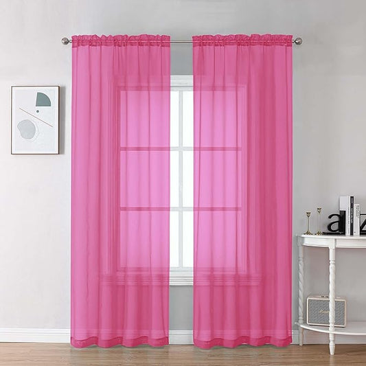 Chyhomenyc Sheer Hot Pink Curtains 90 inches Long 2 Panels, Light Filtering Soft Airy Solid Elegant Voile Window Treatment Drapes for Bedroom Living Room, 42Wx90L Inches