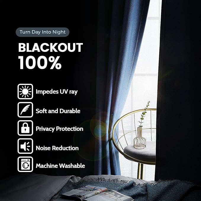 SimpleHome 100% Blackout Curtains for Bedroom,Thermal Insulated Navy Blue Grommet Window Drapes Room Darkening Curtains for Living Room with Black Back,52 x 54 Inch,2 Panels