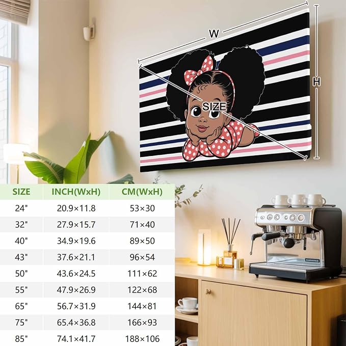 Cute Girl on Abstract Stripe Indoor TV Cover, Elastic TV Screen Protector Black - Image 3