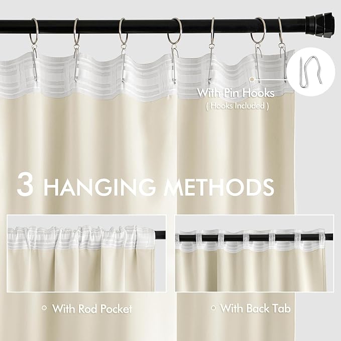 MIULEE Birch Back Tab Blackout Curtains 108 Inch Long 2 Panels Set for Bedroom, Rod Pocket/Pinch Pleat Extra Long Thermal Insulated Living Room Darkening Pleated Light Blocking Drapes