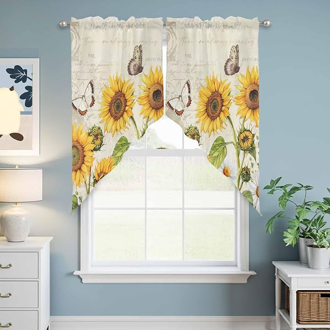 Farm Sunflowers Swag Valances for Windows, Retro Flowers Butterfly Botanical - Image 6