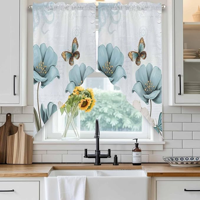Blue Tulips Swag Valances for Windows, Watercolor Flowers Butterfly Spring - Image 2