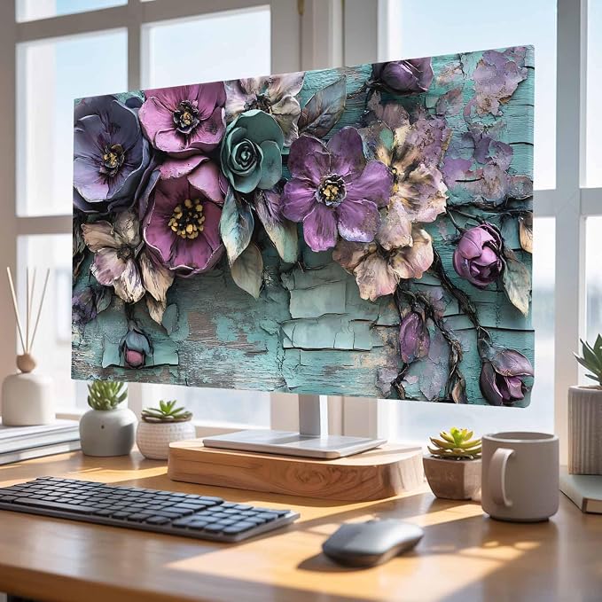 Vintage Flower Teal Mottled Wall Indoor TV Cover, Elastic TV Screen Protector - Image 4