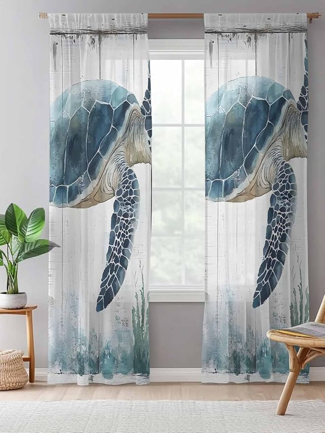 Sheer Curtains 84 Inches Long, Sea Turtle Teal Blue Semi Sheer Curtains Light - Image 5