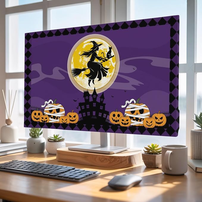 Halloween Full Moon Witch Riding Broom Indoor TV Cover, Elastic TV Screen by Unknown