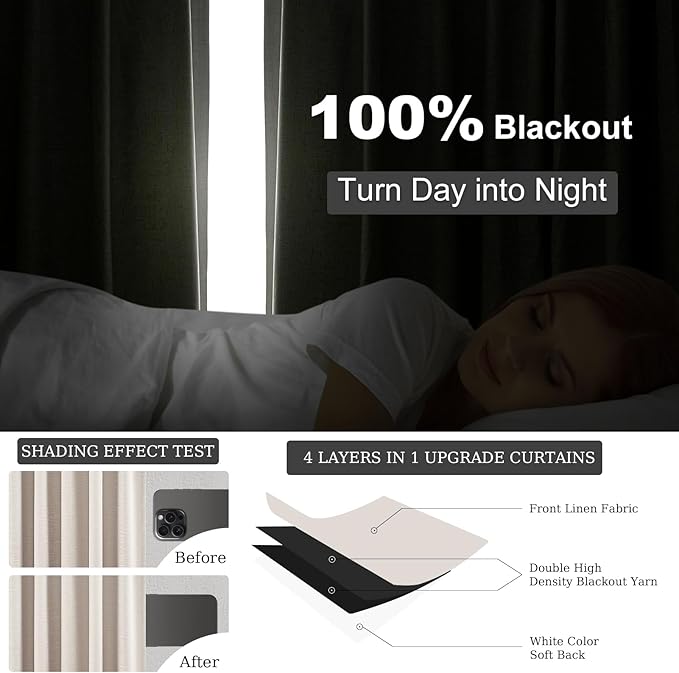 Oatmeal Blackout Curtains for Living Room 100 Inch Long 2 Panels,Linen Textured Room Darkening Drapes for Dining Room Back Tab with Hooks Boho Modern Solid Color Cottage Urban Decor 52x100