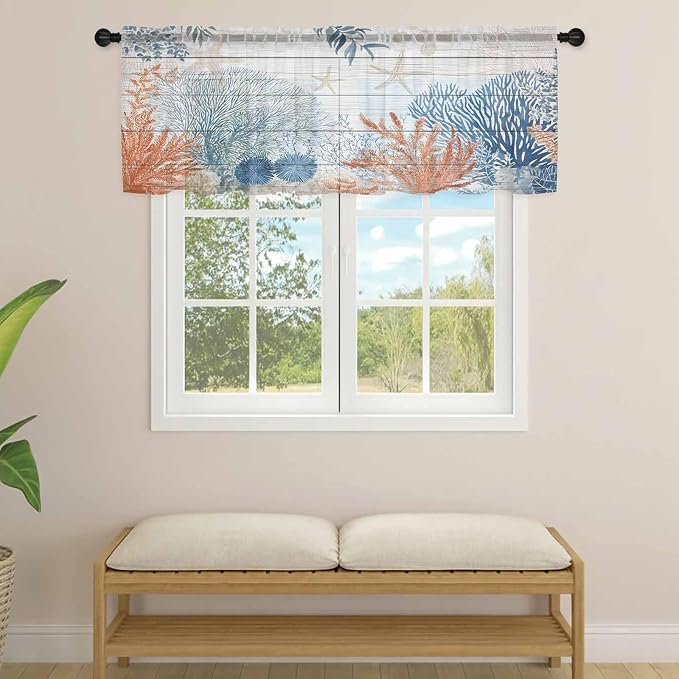 Ocean Corals Sheer Valance Curtains, Summer Beach Coral Sea Stars Wood Grain - Image 4