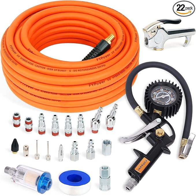 22 Pieces Air Compressor Accessories kit, 3/8 inch x 50 ft Hybrid Air Hose Kit by FYPower