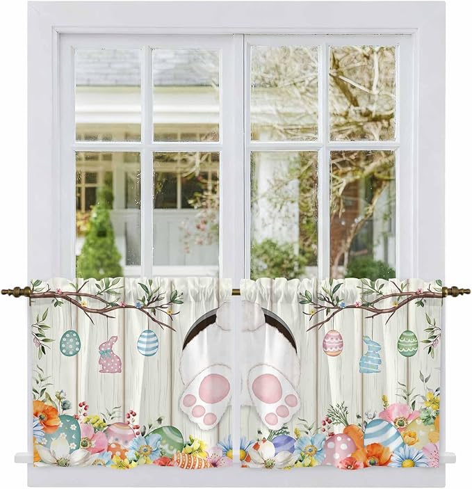 Easter Kitchen Tier Curtains 36 Inch Long 2 Panel Set, Rod Pocket Half Window - Image 2