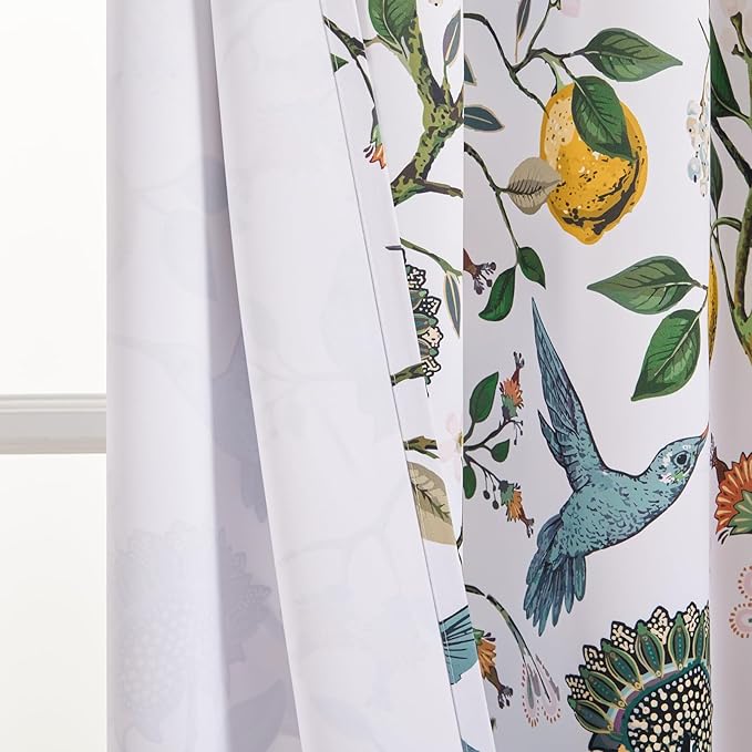 Topfinel Kitchen Curtains 45 Inch Length White Vintage Blackout Curtains for Cafe Kitchen, Short Grommet Luxury Whimsical Floral Hummingbird Patterned 45 Inches Long for Living Room Bedroom