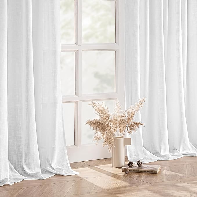 MIULEE White Linen Curtains 72 Inch Long 2 Panels for Bedroom Living Room, Soft Thick Linen Textured Back Tab Window Drapes Semi Sheer Light Filtering Rod Pocket Modern Farmhouse Decor