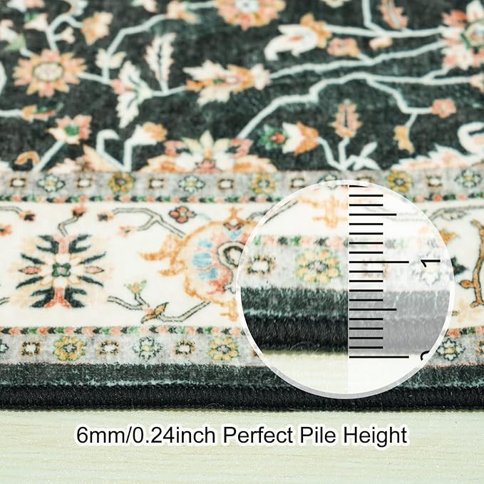 4x12 ft Wide Hallway Rug: Non-Slip Washable Vintage Long Carpet Runner for Kitchen Entryway Water Resistant Low-Pile Thin Floor Mat for Bedroom Living Room Dining Room Black Home Decor (Black, 4X12)