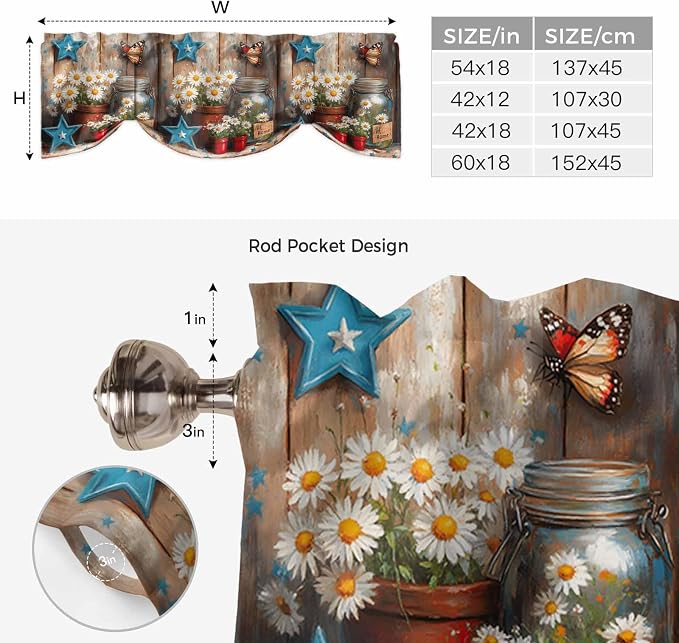 Country Flower Tie Up Valance for Window, Western Texas Star Butterfly Barn - Image 3