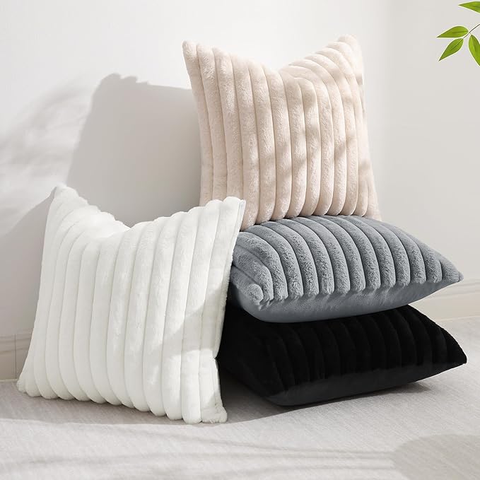 decorUhome Summer Cozy Faux Fur Throw Pillow Covers 24x24 Set of 2 Decorative Soft Plush Striped Modern Farmhouse Boho Couch Euro Sham Pillow Cases with Velvet Back for Sofa Bed Living Room, White