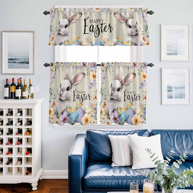 Easter Grey Bunny Kitchen Curtains Set 3 Piece - Image 2
