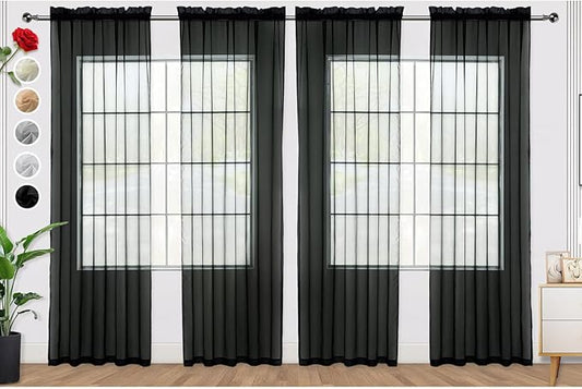 SpaceDresser Black Sheer Curtains 4 Panels Rod Pocket Semi-Sheer Curtain 45 Inches Long Light Filtering Voile Window Drapes for Bedroom Living Room Kitchen, Each 52W x 45L