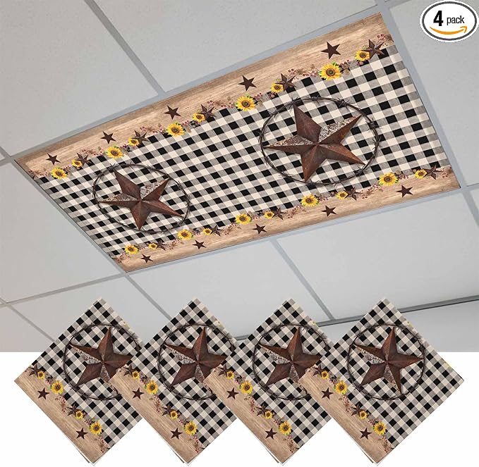 4 Pack Texas Star Fluorescent Light Covers Country Star Sunflower Vintage Plaid by Unknown