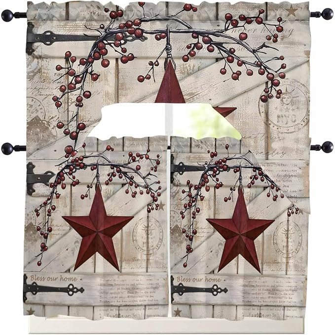 Village Stars Swag Kitchen Curtains Valance and Tier Set, Vintage Dark Red Star - Image 7