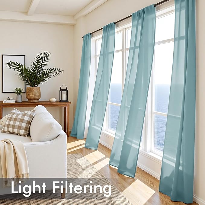 MIULEE Dusty Blue Sheer Curtains 96 Inches Long, 4 Panels Set, Light Filtering Rod Pocket Voile Drapes for Living Room and Bedroom, Airy Soft Fabric Window Treatments, 42 x 96 Inches