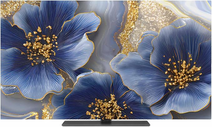 Watercolor Blue Flower Abstract Gold Indoor TV Cover, Elastic TV Screen - Image 2