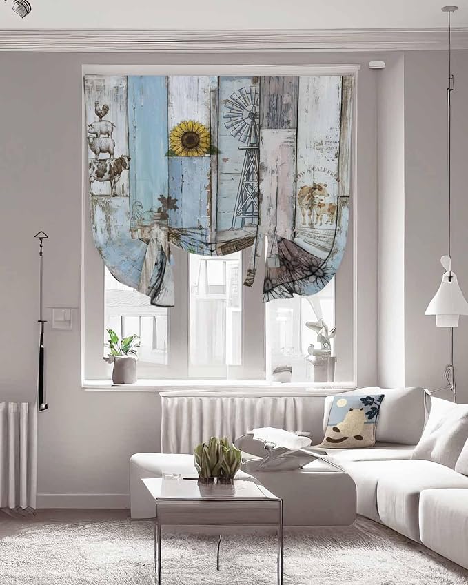 Tie Up Curtains for Windows, Farmhouse Barn Sunflowers Retro Tie Up Blackout - Image 3