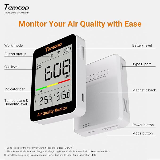 Temtop CO2 Monitor Indoor air Quality Monitor Portable CO2 Meter, Temperature - Image 6