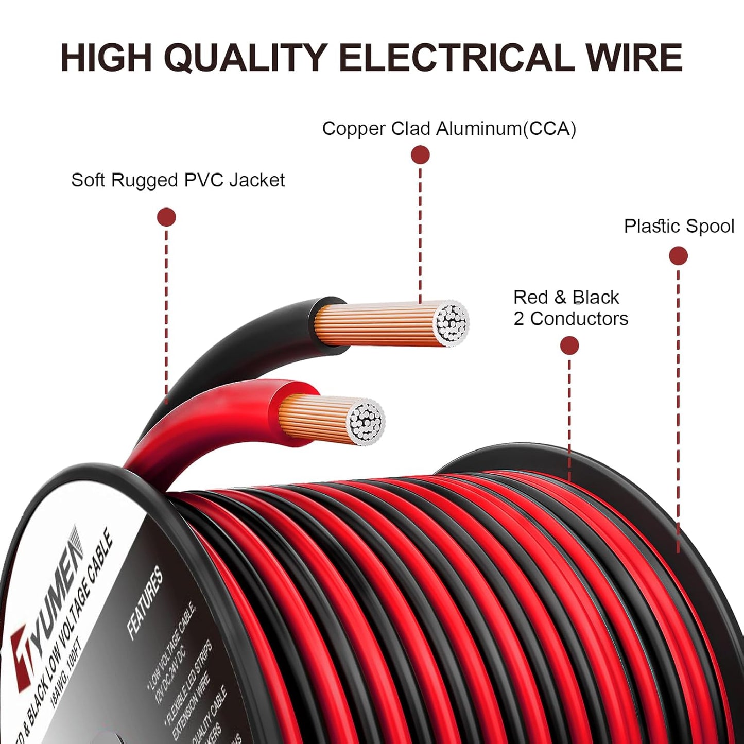 100FT 12/2 Gauge 2pin 2 Color Red Black Cable Hookup Electrical Wire LED Strips Extension Wire 12V/24V DC Cable, 12AWG Flexible Wire Extension Cord for LED Ribbon Lamp Tape Lighting