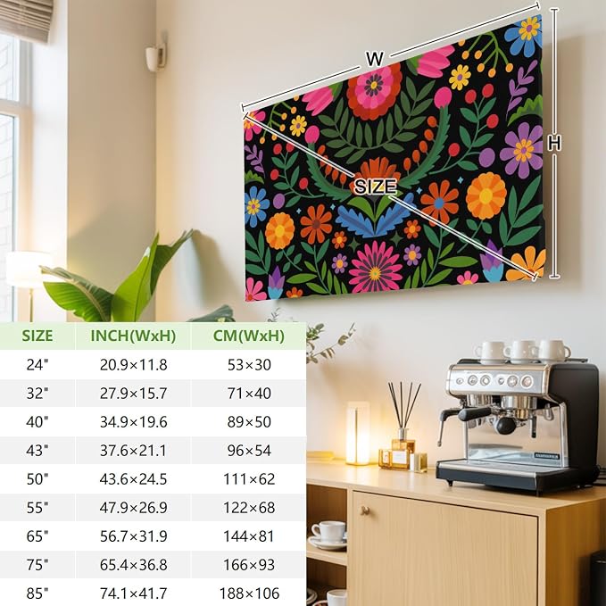Abstract Boho Flower Floral on Black Indoor TV Cover, Elastic TV Screen - Image 3