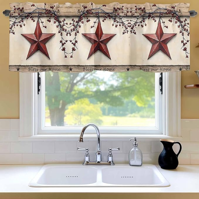 Farmhouse American Valances for Windows, Country Star Berries Vintage Wood - Image 6