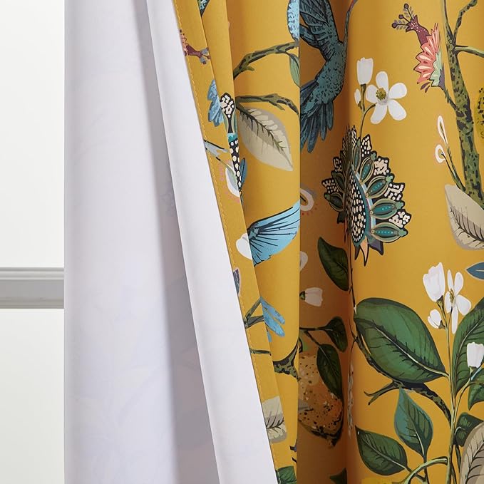 Topfinel 60 Inches Long Custom Mustard Yellow Luxury Curtains for Living Room Bedroom, Blackout Vintage Victorian Curtains Floral Lemon Hummingbird Printed Grommet Drape 60 Inch Length