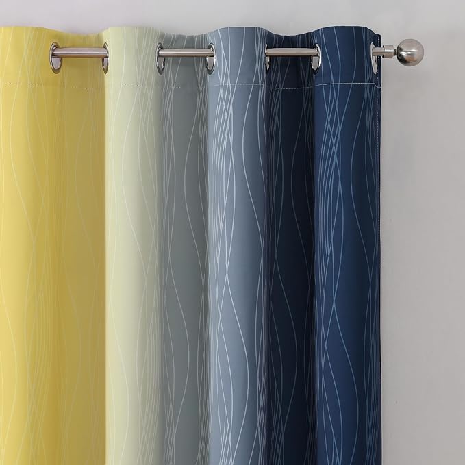 Estelar Textiler Navy Blue and Yellow Gradient Blackout Curtains for Bedroom, Thermal Insulated Ombre Blackout Drapes, Full Room Darkening Energy Saving Curtains for Living Room,52Wx84L,2 Panels