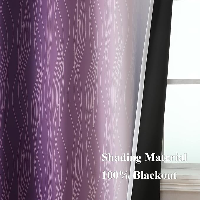 Estelar Textiler Purple and Greyish White Blackout Curtains 63 Inch Length 2 Panels Set, Room Darkening Grommet Ombre Curtains for Bedroom, Thermal Insulated Light Blocking Gradient Drapes,52Wx63L