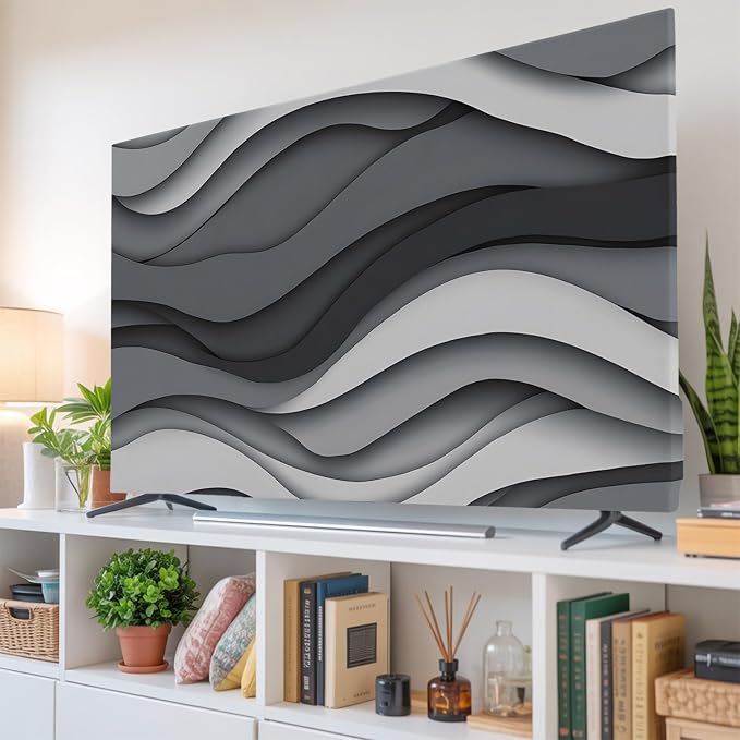 Black Grey White Abstract Waves Indoor TV Cover, Elastic TV Screen Protector - Image 6