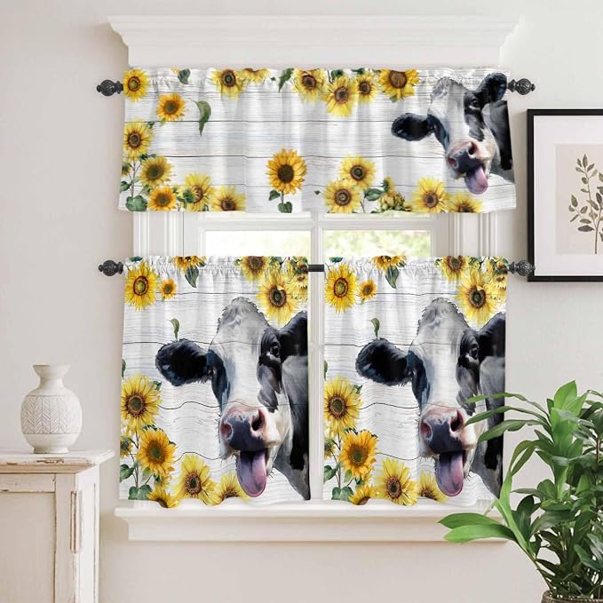 Kitchen Curtains Tiers and Valance Set of 3, Cow Sunflowers Light Filtering - Image 2