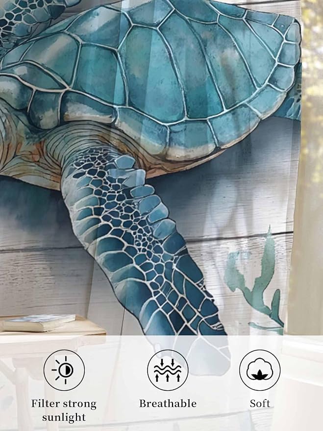 Sheer Curtains 84 Inches Long, Teal Green Sea Turtle Semi Sheer Curtains Light - Image 6
