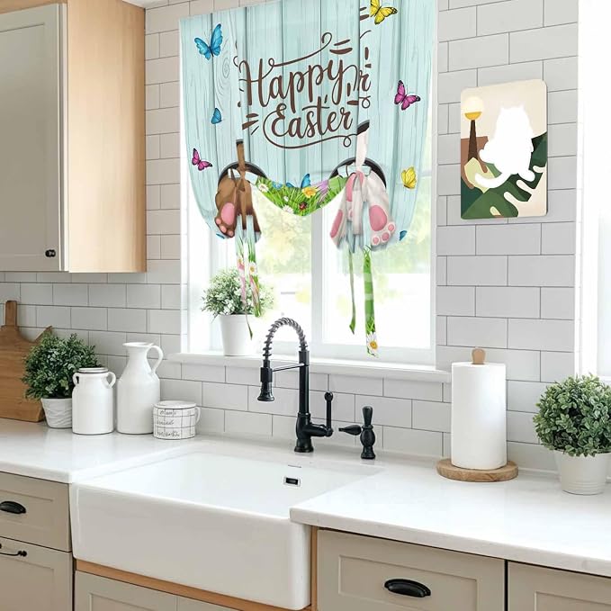 Tie Up Curtains, Happy Easter Bunny Butt Egg Floral Adjustable Rod Pocket - Image 6