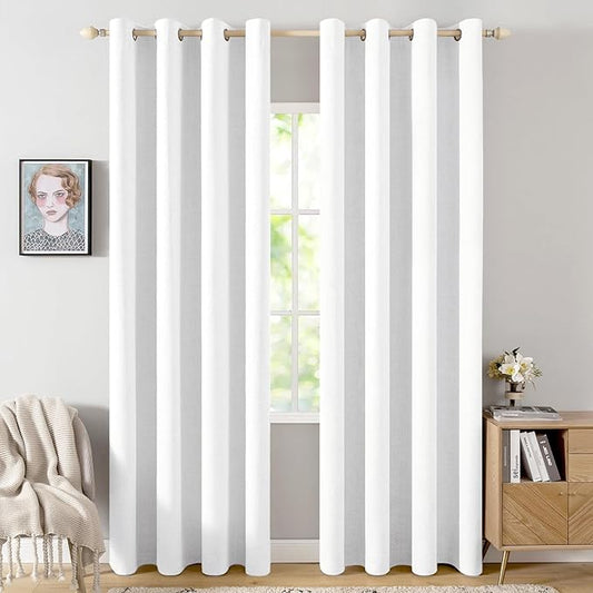 MIULEE 90 Inches Linen Textured Curtains for Bedroom 100% Blackout Thermal Insulated Bright White Grommet Room Darkening Drapes Luxury Decor for Living Room Nursery 52 x 90 Inch (2 Panels)