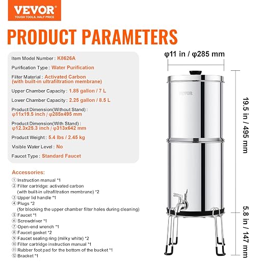 VEVOR Gravity-fed Water Filter System, 2.25G 304 Stainless-Steel Countertop - Image 7