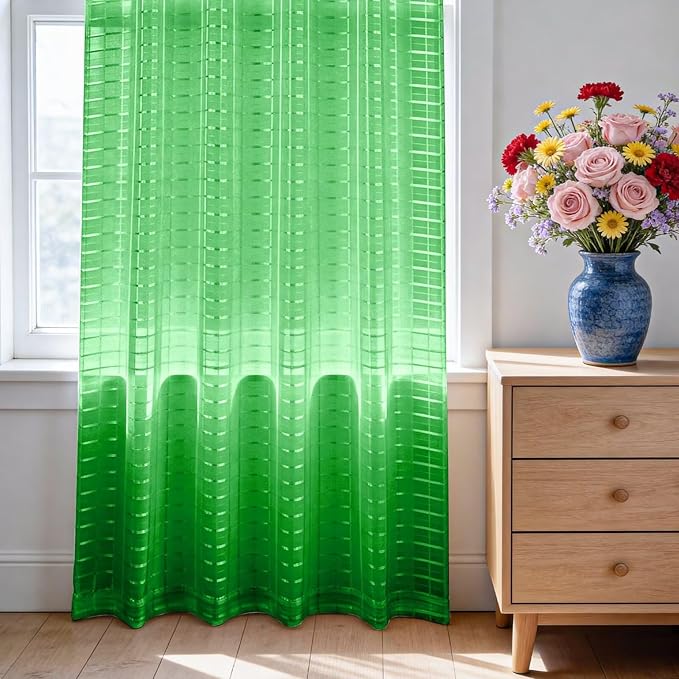 SpaceDresser Check Sheer Curtains 45 Inches 2 Panels Set, Rod Pocket Plaid Window Curtain for Living Room, Green Semi Sheer Drapes for Kitchen Bedroom Children Room Yard（Green, 52W x 45L）
