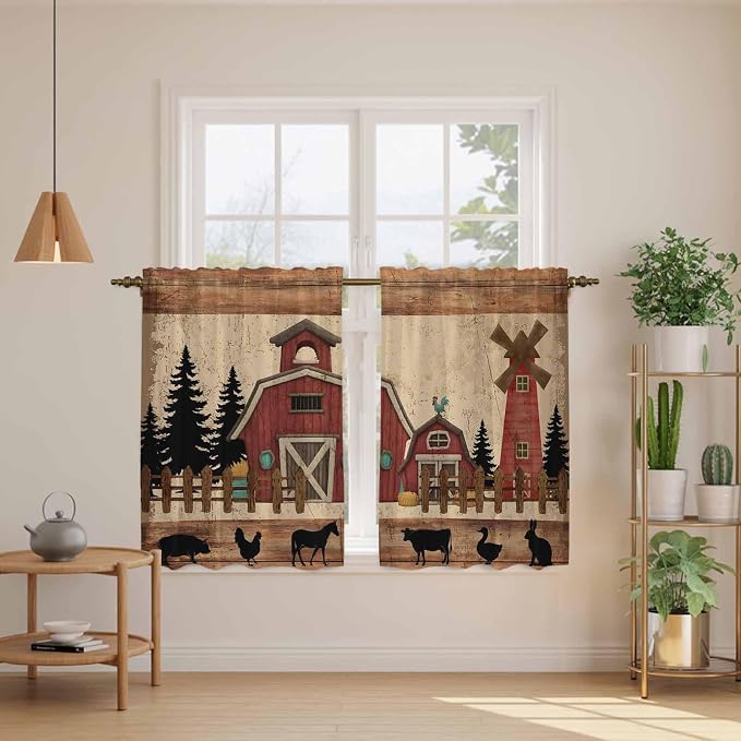 Brown Farmhouse Kitchen Curtains, Vintage Country Animals Wooden Grain Light - Image 3