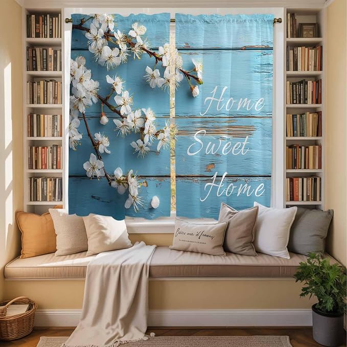 Farmhouse Wooden Grain Kitchen Curtains, Vintage Shabby Chic Flower Blue Light - Image 3