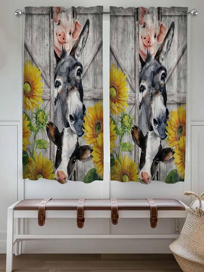 Farmhouse Bedroom Curtains 63 Inches length, Vintage Sunflowers Animals Printed - Image 4