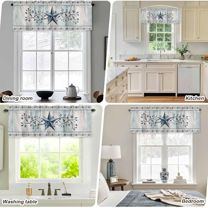 Blue Texas Star Valances for Windows, Vintage Star Berry Blue Beige Wood Grain - Image 7