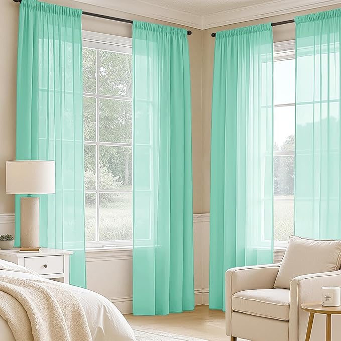 MIULEE Aqua Sheer Curtains 90 Inches Long, 4 Panels Set, Light Filtering Rod Pocket Voile Drapes for Living Room and Bedroom, Airy Soft Fabric Window Treatments, 42 x 90 Inches